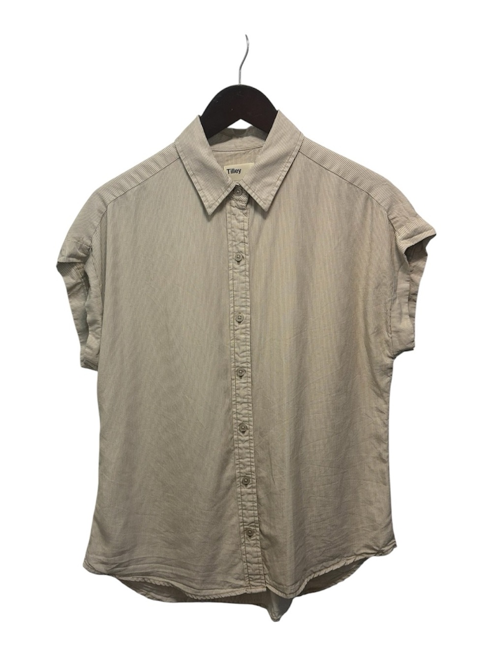 Tilley Cap Sleeve Tencel Button-Front Pin Stipe Beige and White Blouse